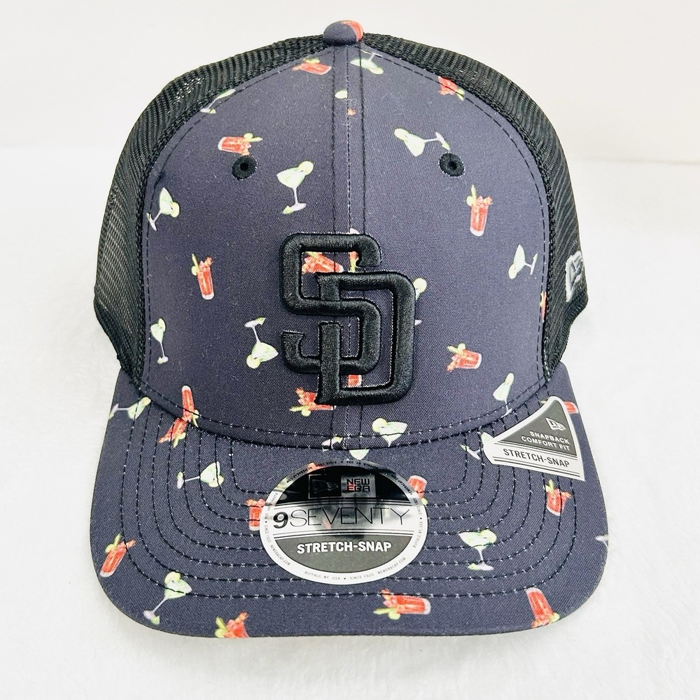 New Era San Diego Padres Drink Pattern 9SEVENTY Stretch Snap Hat Cap Gray‎ MLB - Picture 2 of 5